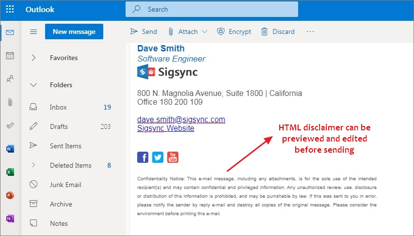 html disclaimer Office 365 signature