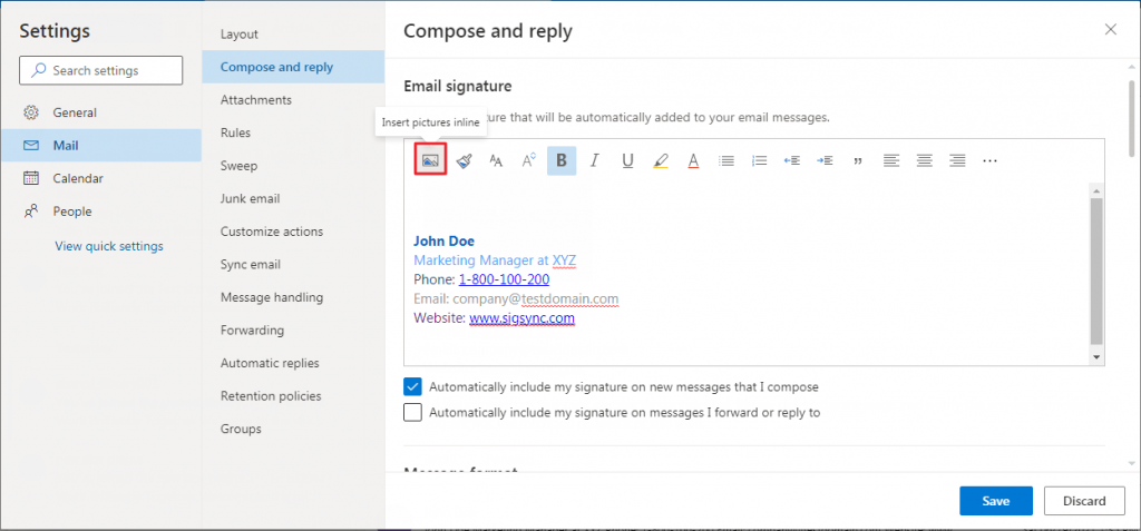 insert an image Office 365 email signature